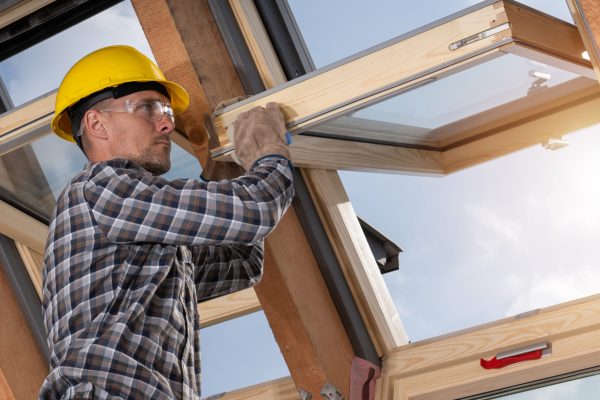 Roof Window Installation Final Check Performed by Professional Caucasian Windows Installer. Construction Industry Theme.